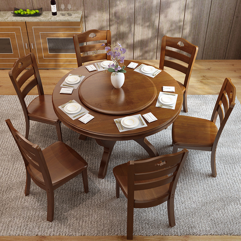 实木餐桌新中式大圆桌餐桌椅组合进口橡胶木圆形中餐厅餐桌椅组合示例图8