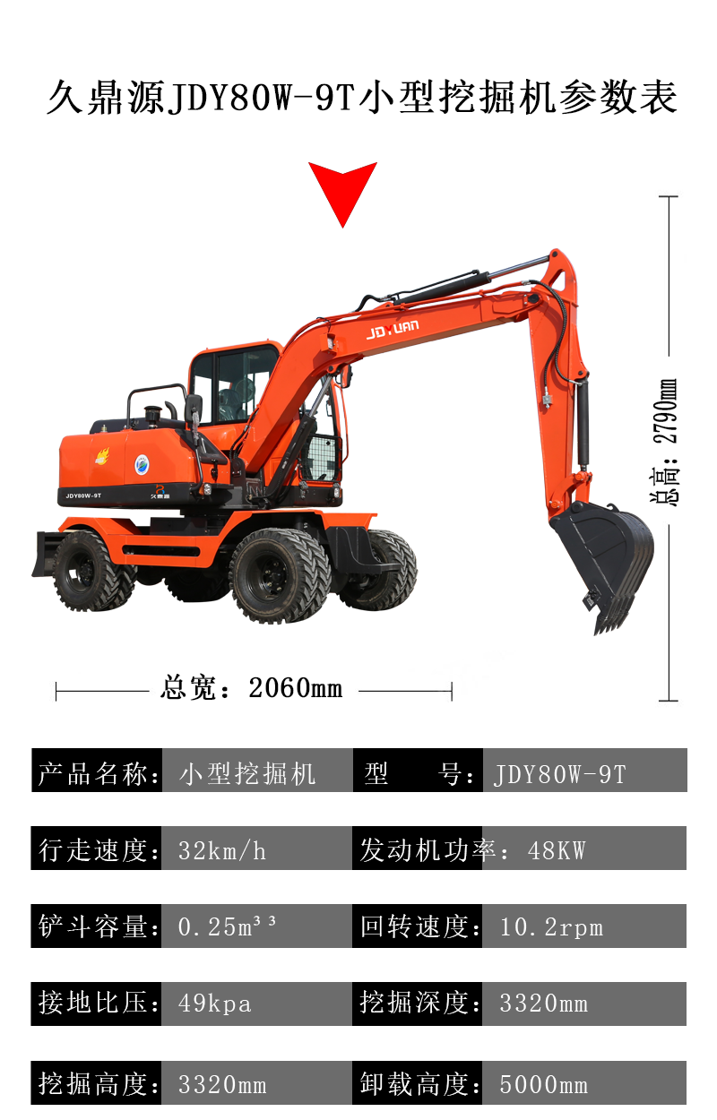 广东小型轮式挖掘机厂家直销  久鼎源JDY80W-9T小挖机价格示例图7
