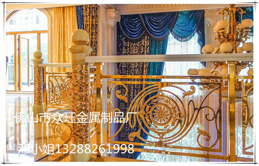 别墅楼梯豪装实心铝雕花金色护栏 室内旋转楼梯铝艺金色楼梯护栏示例图8