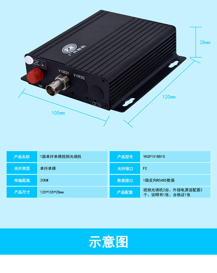 广州邮科YKSP1V1RD1S 1路视频光端机单模单纤FC光口20km  监控光端机示例图17