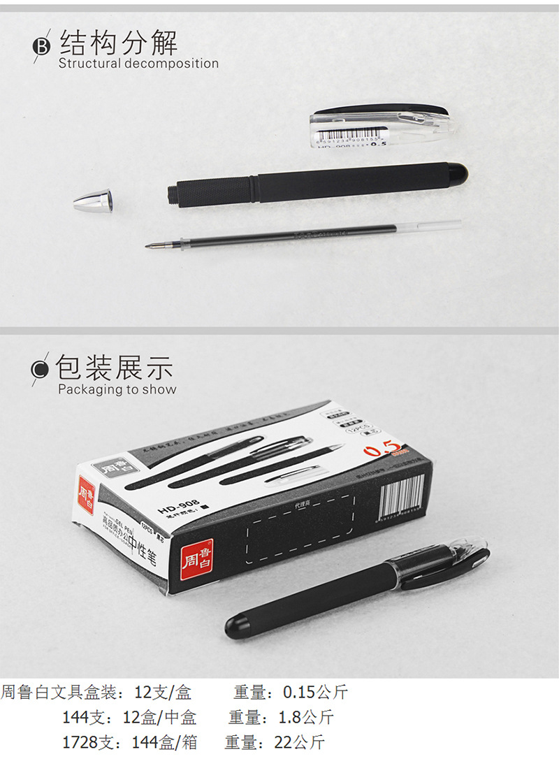 12支盒装办公喷胶中性笔不锈钢笔芯进口油墨商务办公签字笔908A示例图7