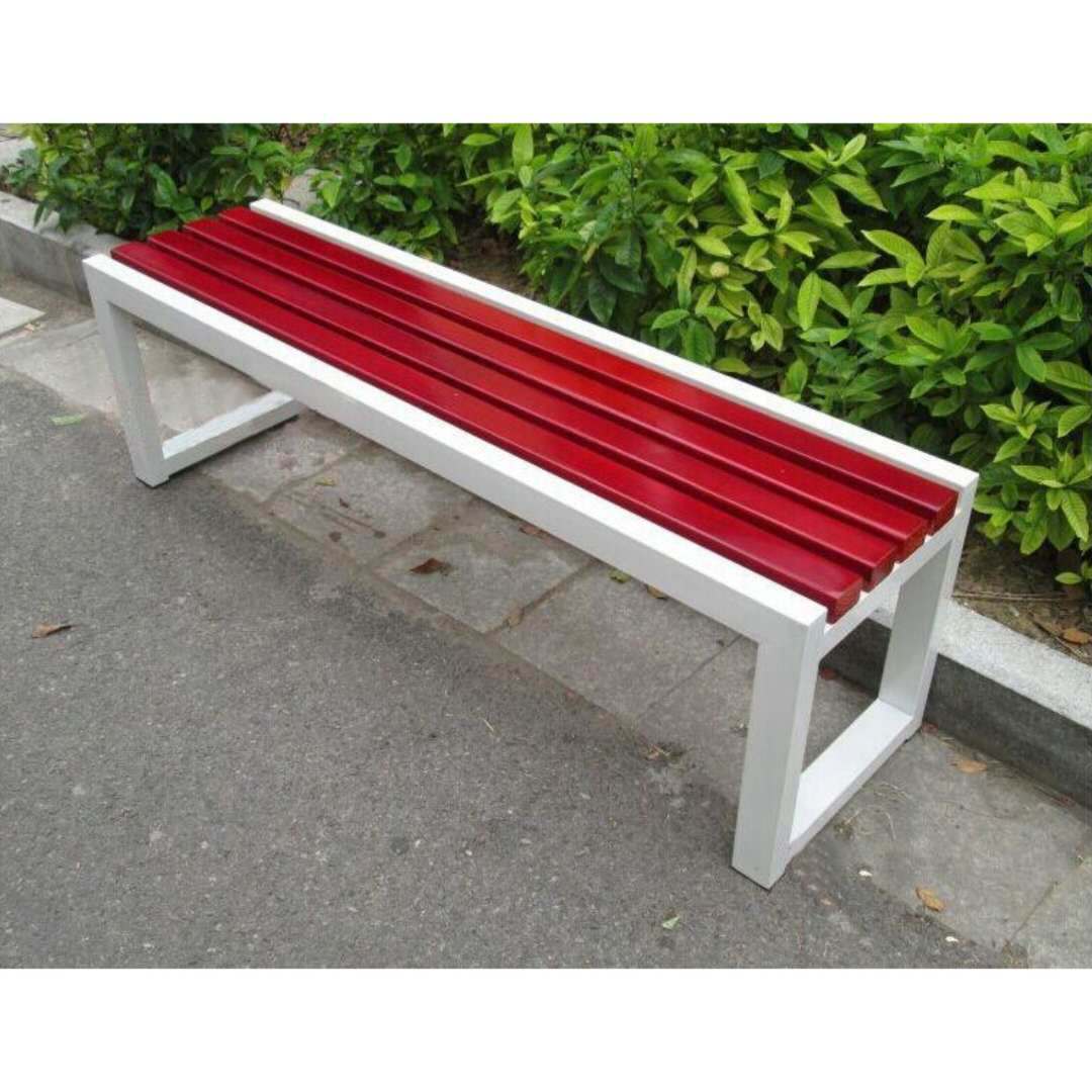 户外防腐木长条凳休闲铁艺实木长椅公园商场休息凳示例图7