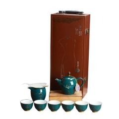 红素皮盒商务茶具套装金釉9件套茶具组合 可定制logo 100套起订不单独零售图片