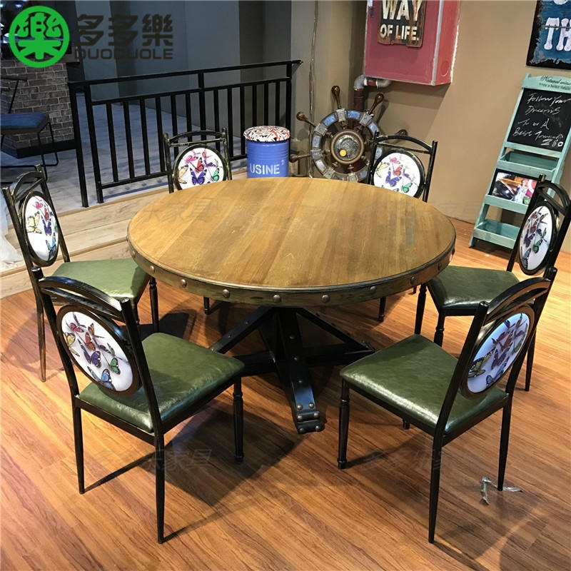 中式纯实木餐桌椅组合 主题湘菜馆餐厅餐桌 复古旧款餐厅桌 套装沙发卡座圆餐桌中式风格