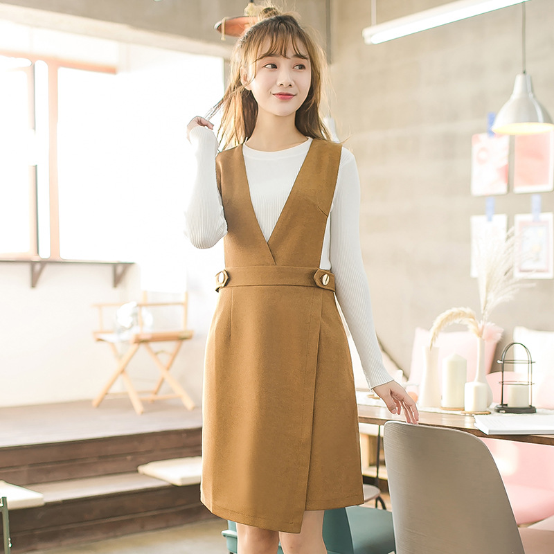 2018春季新款女装针韩版套头织连衣裙背带款两件套连衣裙一件代发