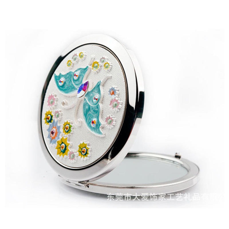 便携随身折叠镜通过FAMA验厂厂家定制女性礼品镶钻小镜子 圆形金属化妆镜