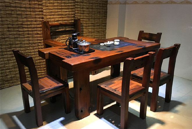 老船木家具天然海螺孔龙骨茶桌椅组合实木客厅原生态茶台茶几特价示例图2