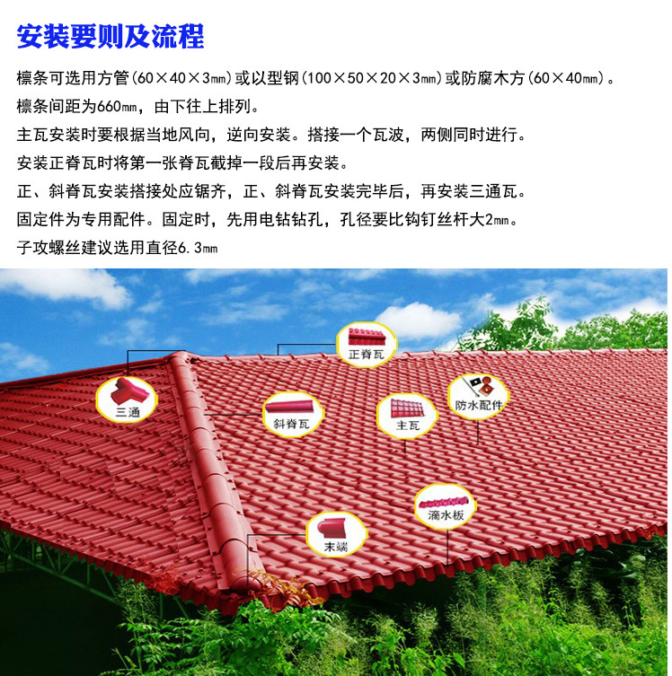 高品质合成树脂瓦的价格屋顶隔热瓦 枣红色树脂瓦坚固耐用美观示例图2