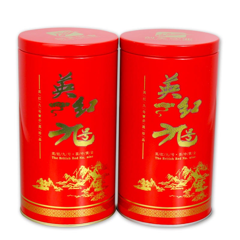 马口铁茶叶罐生产厂家 圆形英红九号铁盒包装定制 红色茶叶罐包装 麦氏罐业 铁盒定制工厂