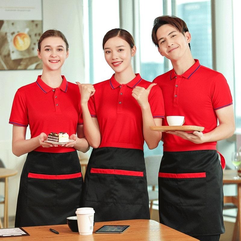 工作服T恤短袖夏季餐饮饭店餐厅服务员工衣服时尚定制印logo男女