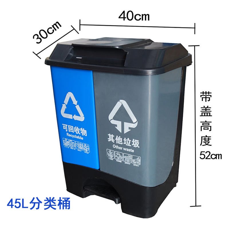 脚踏双桶垃圾桶  厂家货源 塑料双桶45L蓝色商场垃圾桶家用 可定制图片