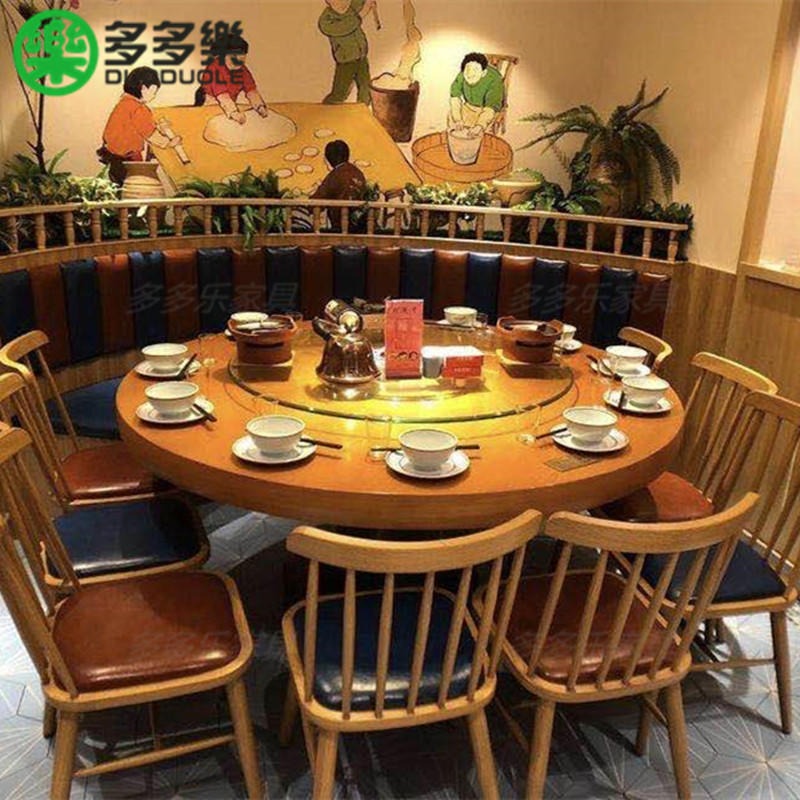 深圳醉痴湘餐厅餐桌 湘菜馆餐厅桌椅 沙发卡座半圆沙发桌椅图片