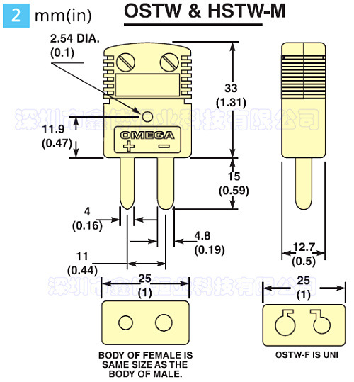 OSTW-U-M插头 美国omega热电阻端子 热电阻连接器 2脚大号白色示例图3
