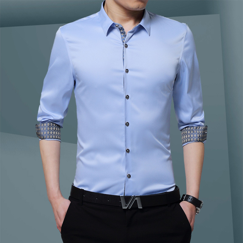 2018春季新款男式长袖衬衫青年韩版修身免烫衬衣商务休闲纯色寸衫