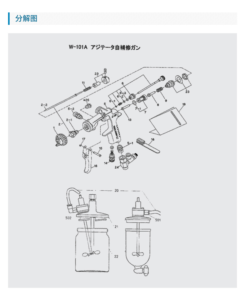 日本岩田手动喷枪 W-101A气动搅拌喷枪 汽车修补喷漆枪 雾化喷枪示例图5