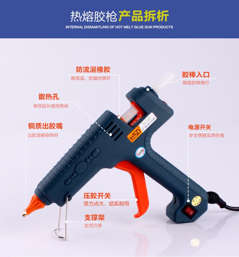 赛得SD-1107热熔胶枪胶条11mm胶棒使用200w点胶工具节能高温胶枪示例图5
