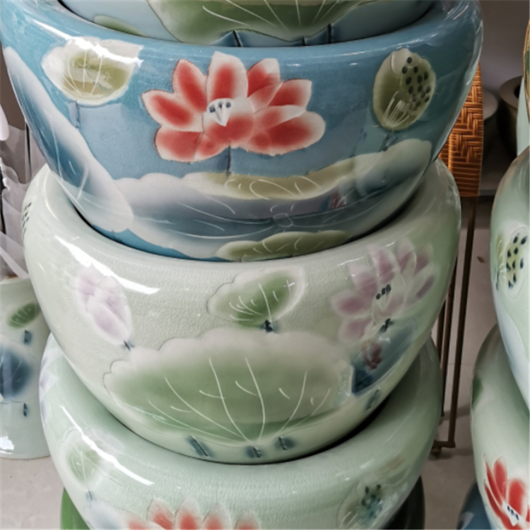景德镇陶瓷鱼缸 水浅手绘荷花风水缸厂家价格 亮丽陶瓷