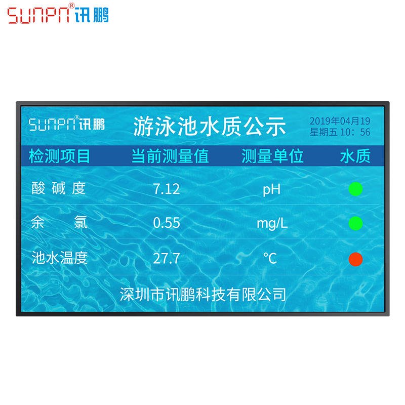 SUNPN讯鹏，水质检测显示屏，泳池水质显示屏，水质监测系统，泳池水质自动采集检测看板