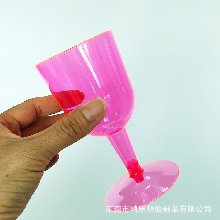 6oz一次性PS粉红色塑料红酒杯透明l硬塑料高脚杯杯身杯底可拆分示例图11