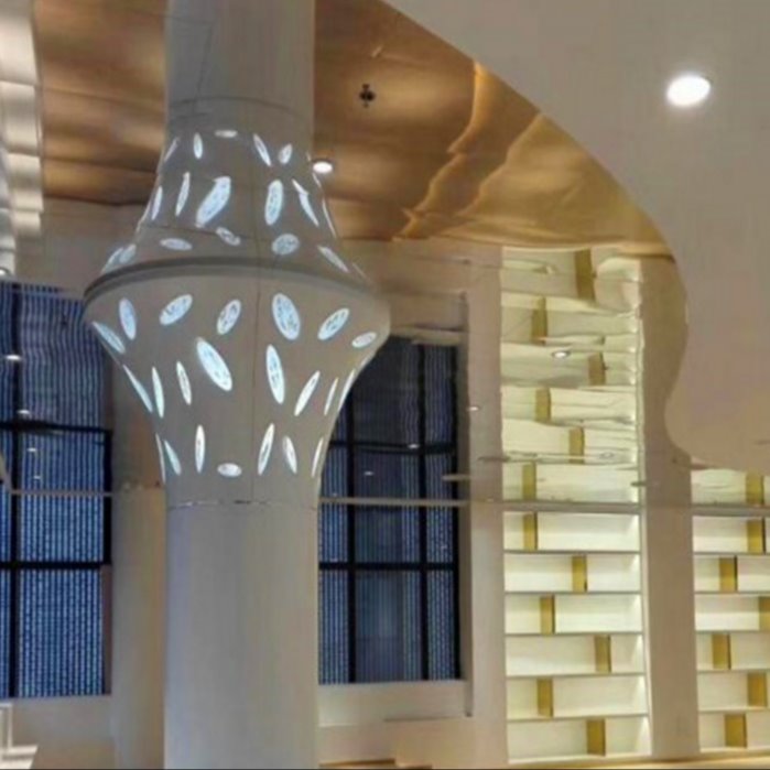 ​建筑装饰界新宠造型拉弯铝方通铝树设计    热转印木纹弧形铝树包柱生产工艺图片