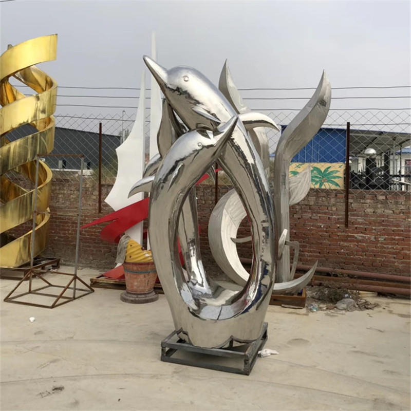 不锈钢镜面海豚 抽象水景雕塑 景观海豚雕塑 定做海洋动物雕塑