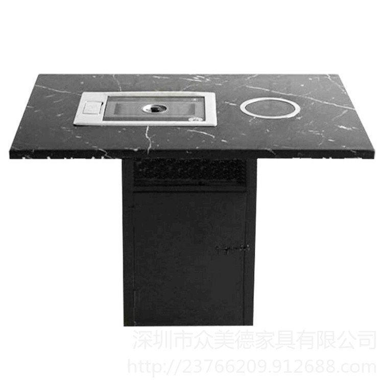 石岩火锅烧烤一体桌 HGZ-571涮涮锅餐桌餐椅生产 黑色石英石火锅餐桌定做批发众美德