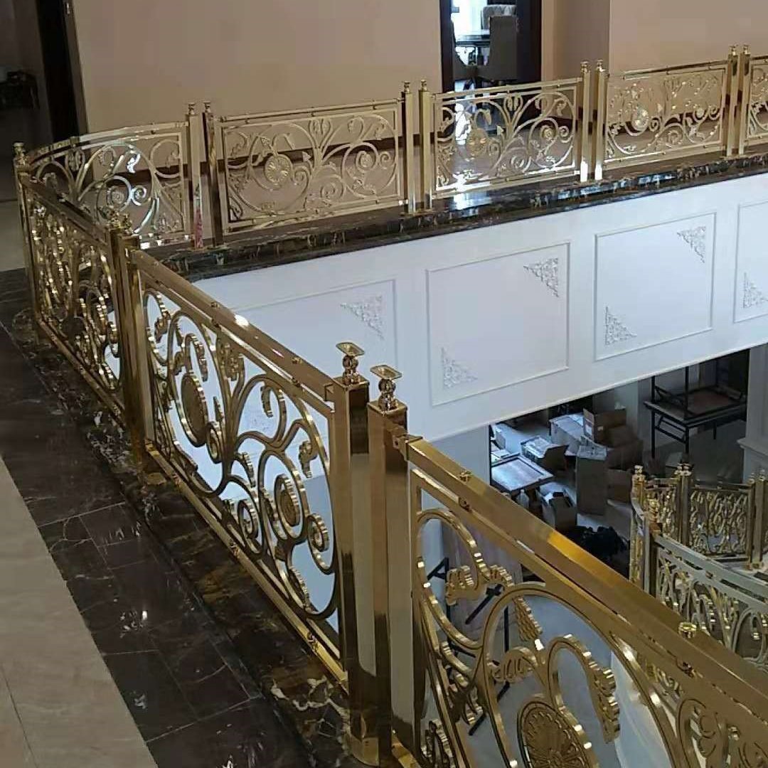 众钰 酒店楼梯工程镀金铝艺双面浮雕护栏 栏杆 测量 安装全包