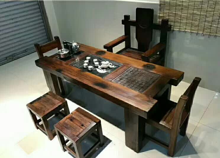 老船木功夫茶桌 古典茶台 泡茶桌椅组合 老船木家具