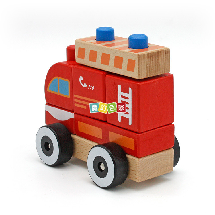 厂家直销 红色消防车玩具木制迷你模型小车孩子叠叠高拆卸玩具示例图10