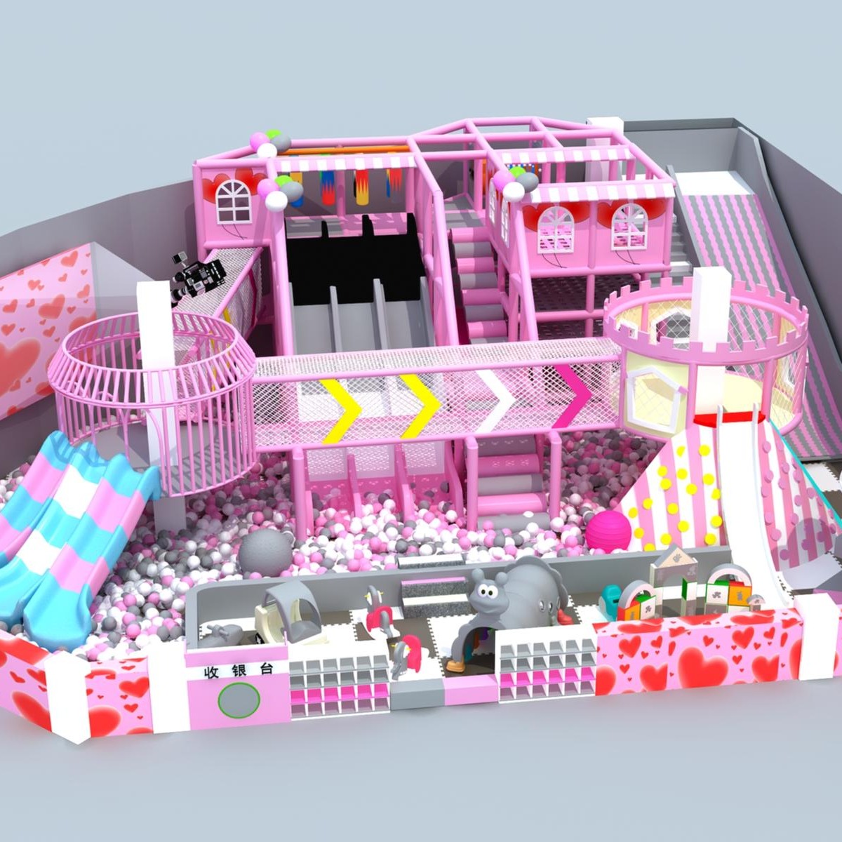 粉色系列淘气堡   淘气堡设备 儿童乐园设备  拼色滑梯   鸟笼图片