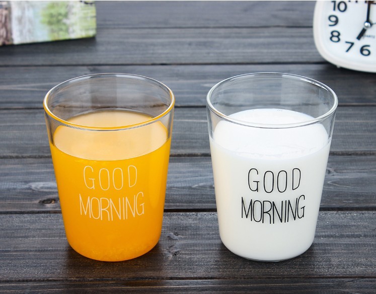 耐高温玻璃杯单层牛奶早餐杯咖啡杯 goodmorning创意杯子无把手
