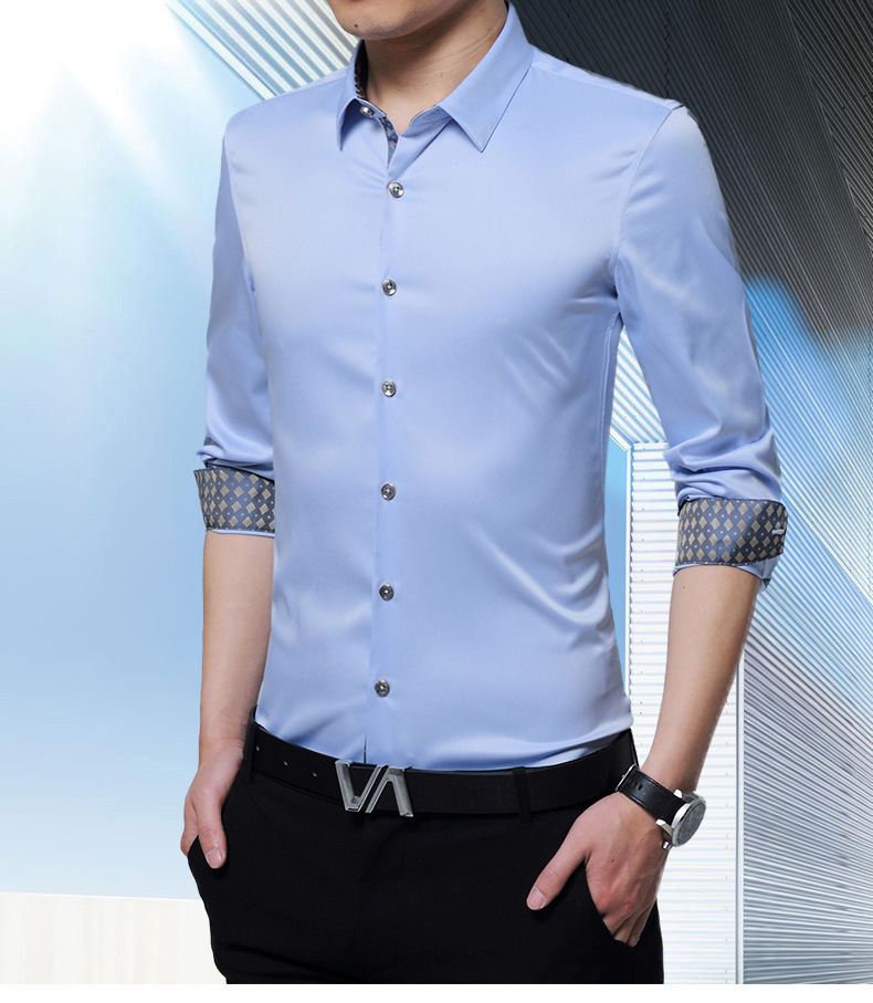 2018春季新款男式长袖衬衫青年韩版修身免烫衬衣商务休闲纯色寸衫示例图2