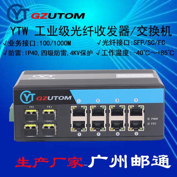 广州邮通 工业光纤收发器   YTW408A 1000M 4光8电口 工业光电转换器