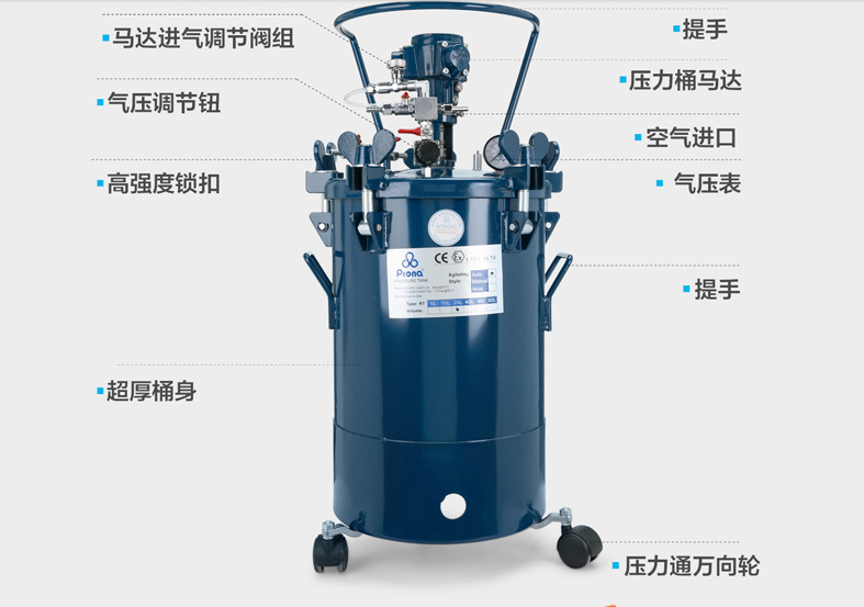 台湾宝丽prona气动压力桶喷漆压力罐 自动搅拌油漆涂料总代理示例图5