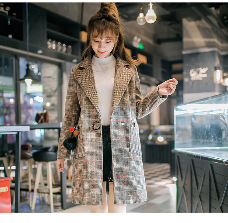 2018新款格子毛呢大衣女韩版宽松型格纹长款毛呢外套 女一件代发示例图5