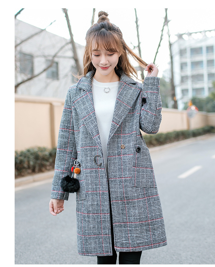 2018新款格子毛呢大衣女韩版宽松型格纹长款毛呢外套 女一件代发示例图6