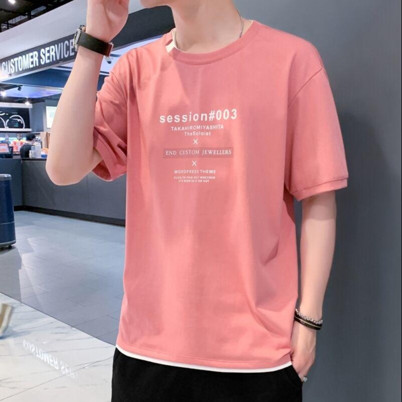 2021年夏季新款冰丝t恤男士短袖圆领潮流上衣青少年粉色男装体恤