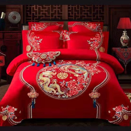 婚庆四件套大红色纯棉中国风刺绣结婚喜被六八十件套全棉床上用品