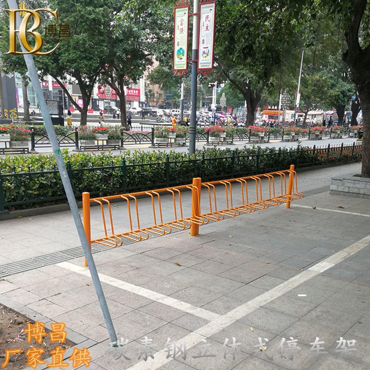 公共街道自行车停车架镀锌管材质生产防锈立体型共享单车停放架博昌牌图片