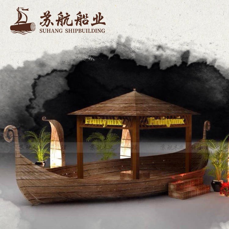 江苏木船厂家定制影视道具船 景区做旧处理装饰花船 户外景观道具木船 仿古木船摆件图片