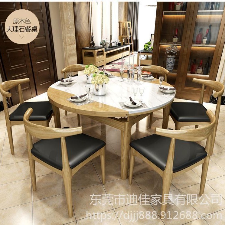 阳江轻奢圆形餐桌椅组合现代简约带转盘家用不锈钢大理石拼花餐厅饭桌图片