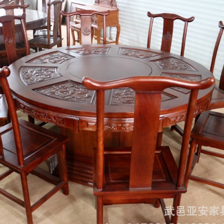 颜亮厂家供应中式仿古老榆木餐桌 酒店饭店餐厅用旋转雕花实木圆桌
