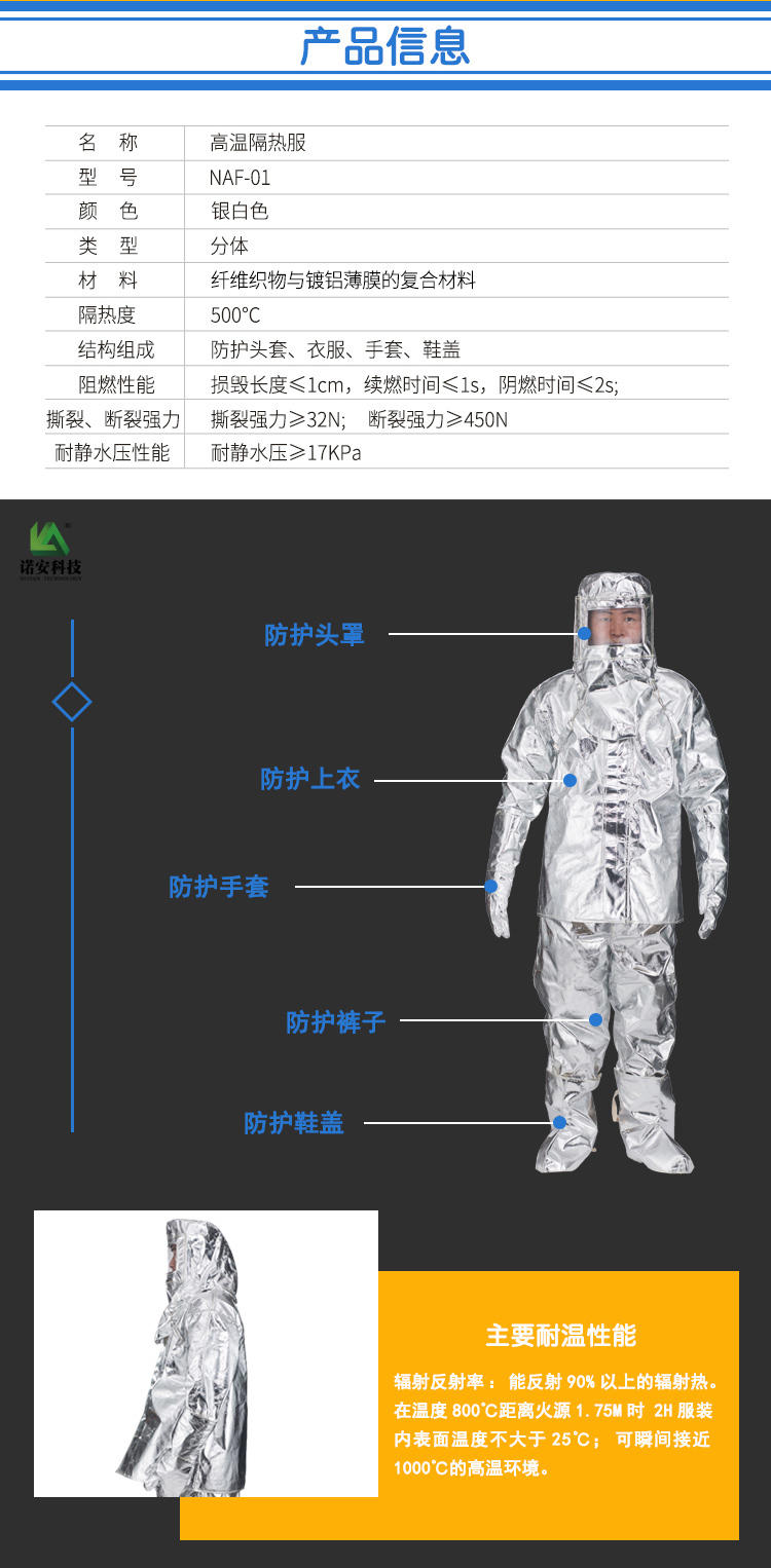 上海隔热服厂家:皓驹 型号:NAF-01分体500度 高温隔热服 消防隔热服示例图2